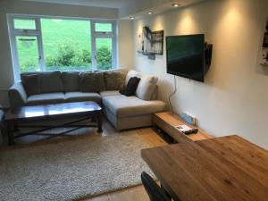 a living room with a couch and a flat screen tv at Modern apartment in London in London