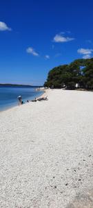 a beach with people laying on the sand and the water at Apartment Anna in Fažana