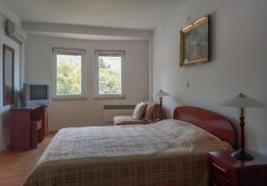 a bedroom with a bed and a tv and two windows at Celus Apartments Ohrid in Ohrid