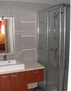 y baño con ducha acristalada y lavamanos. en Appartement spacieux 3 chambres, en Génos
