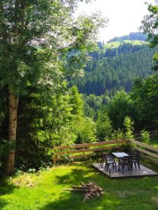 een picknicktafel in het gras met uitzicht op een berg bij Allgäu Apartment Rose im OG in Grünenbach