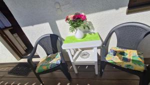 2 Stühle und ein Tisch mit einer Blumenvase in der Unterkunft Appertment Bärenstein 1 in Gößweinstein