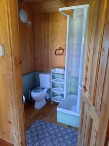 a bathroom with a toilet and a tub and a sink at Domki Lazur in Jastrzębia Góra
