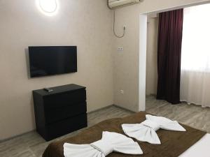 1 dormitorio con TV y 1 cama con almohadas en Zhasmin Guest House, en Loo