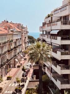 une rue de la ville avec un palmier en face des bâtiments dans l'établissement Appartement privé vue mer Cannes centre Gray d'Albion, à Cannes