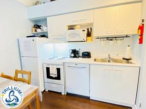 a white kitchen with a sink and a refrigerator at Cozy Studio Loft with 2 Baths Next to Slopes in Blue Mountains