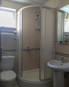 een badkamer met een douche, een toilet en een wastafel bij Celus Apartments Ohrid in Ohrid