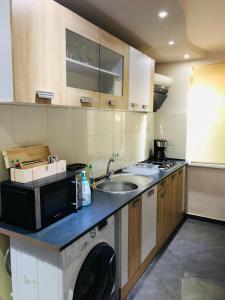 a kitchen with a sink and a washing machine at Apartament Butterfly Mamaia Intrare in Constanţa