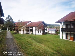 a row of houses on a green field next to a road at Aparthotel Chrysantihof - Bayerische Wald-Weber in Zwiesel