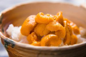 a bowl of rice with orange food on top at Iki Stellacote Taiankaku in Iki