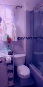 a bathroom with a toilet and a sink and a tub at Apartment Soleil- Because Location really is everything! in Soufrière