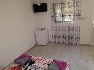 a room with a bed and a refrigerator in it at Casa Elena in Corbu