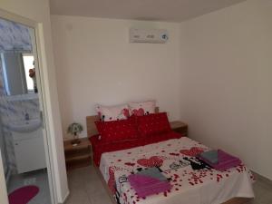 a bedroom with a bed with red pillows at Casa Elena in Corbu