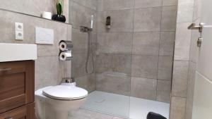a bathroom with a shower and a toilet at Villa Kehrwieder Göhren in Göhren +49 photos