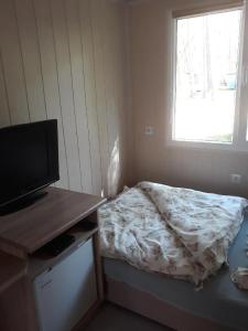 a small bedroom with a bed and a television at Camping Anastazja in Międzywodzie