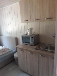 a small kitchen with a microwave and a sink at Camping Anastazja in Międzywodzie