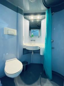 uma casa de banho azul com um WC e um lavatório em LES BAIGNEURS em Saint-Gilles-Croix-de-Vie