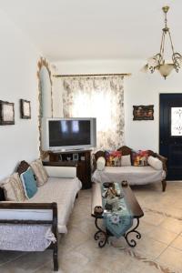 salon z 2 kanapami i telewizorem z płaskim ekranem w obiekcie Κυκλαδίτικη βίλα στην Παραλία Αντώνηδες, Κύθνου w mieście Kitnos