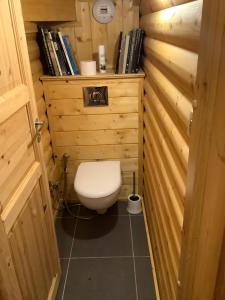 un piccolo bagno con servizi igienici in una cabina di legno di Chalet Les Sorbiers a Égat