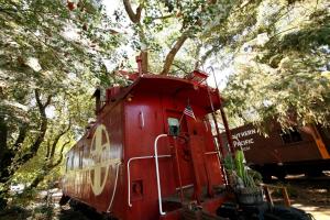 a red train car sitting under some trees at Featherbed Railroad in Upper Lake