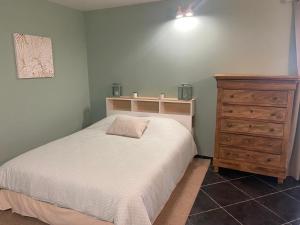 een slaapkamer met een bed en een houten dressoir bij Superbe studio privée au calme avec piscine et spa in Sailly-lès-Lannoy