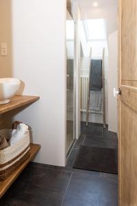 a bathroom with a sink and a glass door at la clef des champs in Lémeré +34 photos