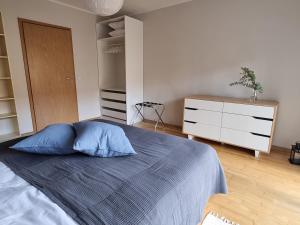 a bedroom with a bed with a blue pillow on it at R63 Apartment with Terrace in Tartu