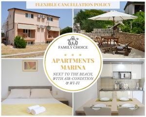 eine Collage mit Fotos eines Hauses mit einem Regenschirm in der Unterkunft Apartments Marina in Ražanac