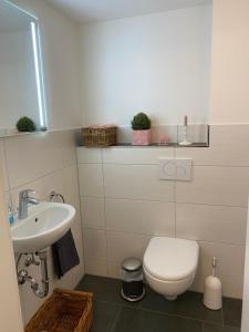 a bathroom with a toilet and a sink at Warendorf 14 in Warendorf