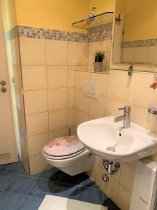 a bathroom with a toilet and a sink at Haus Fischerstrand - Fewo Boje in Dahme +7 photos