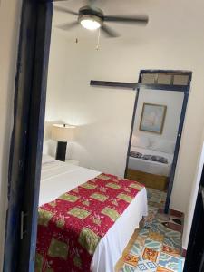 een slaapkamer met een bed en een plafondventilator bij Chao Mamá Hostal in Santo Domingo