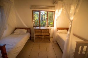 two beds in a room with a window at Kaia Homestead in Sodwana Bay