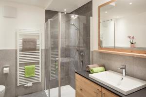 a bathroom with a shower and a sink and a mirror at daHoam Appartamenti in Rasùn di Sotto