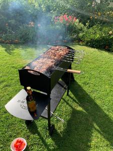 a grill with food cooking on it in a yard at Liepas in Ventspils