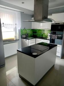 a kitchen with a island in the middle of it at Dom całoroczny Wczasy jak Marzenie in Ruciane-Nida