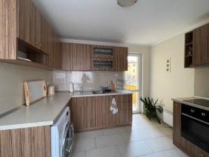 a kitchen with wooden cabinets and a dishwasher at Da Vinci Guesthouse in Varshets