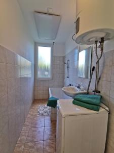 a bathroom with a tub and a sink and a mirror at Arena Apartment in Szombathely