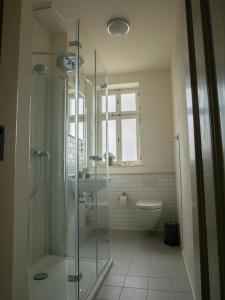 a bathroom with a shower and a toilet and a sink at Stilvolle Ferienwohnungen nahe Leipzig mit WLAN, Netflix, Garten in Borsdorf +21 photos