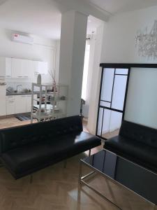 un salon avec un canapé noir et une cuisine dans l'établissement Superbe appartement Nice centre, à Nice