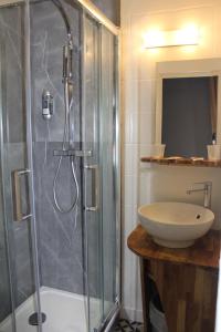 a bathroom with a shower and a sink at Le Central Hôtel-Bar in Oloron-Sainte-Marie