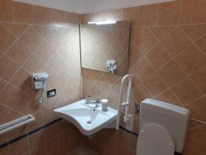 a bathroom with a sink and a toilet and a mirror at Il Sasso di San Galgano in Chiusdino +19 photos