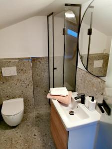 a bathroom with a sink and a toilet and a mirror at Rainbow apartment, Koper in Koper