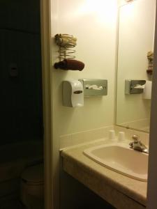 a bathroom with a sink and a mirror and a toilet at The Bridgewater Hotel in Bridgewater