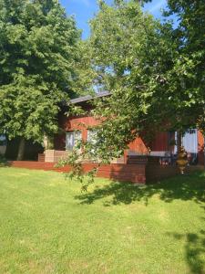 una casa roja con árboles delante de ella en Abri de jardin en Vielsalm