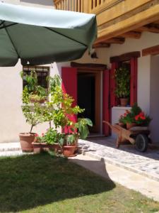a patio with potted plants and an umbrella at La Ritonda in Revine Lago