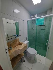 uma casa de banho com um WC e uma cabina de duche em vidro. em Terraço Hotel em Lagoinha