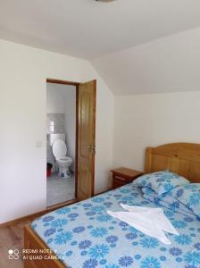 sypialnia z łóżkiem oraz łazienka z toaletą w obiekcie Vila Bucovina w mieście Ciocăneşti