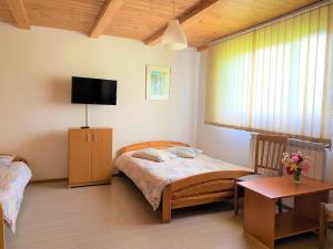 Schlafzimmer mit einem Bett und einem Flachbild-TV in der Unterkunft Agro-Jaga in Święta Katarzyna
