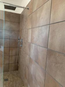 a bathroom with a shower with a glass door at Maison vue mer Propriano Viggianello in Viggianello