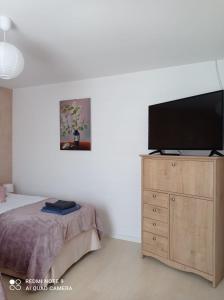 um quarto com uma televisão de ecrã plano numa cómoda de madeira em Apartament Pod Wiśnią em Supraśl